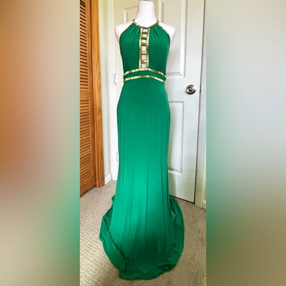XSCAPE Green & Gold Formal Halter Gown - Picture 3 of 10